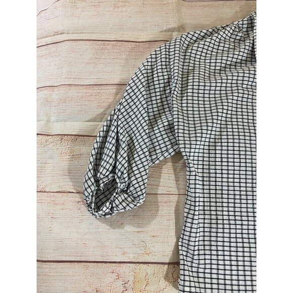 Max Studio Women's Black And White Plaid Half Puff Sleeve Blouse - Large - Picture 2 of 12